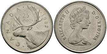 Канада 25 центов 1982 Елизавета II (1952-2022), олень карибу, второй портрет в короне KM 74 никель 4167-927