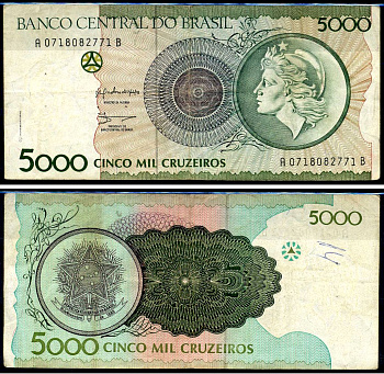 Бразилия 5000 крузейро 1990 Центральный банк Бразилии, голова свободы Pick 227 бумага 7148-33-2-2