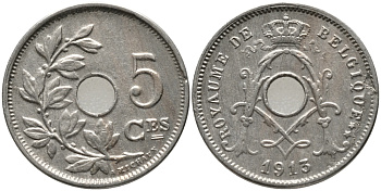 БЕЛЬГИЯ 5 САНТИМОВ 1913 BELGIQUE KM 66 медно-никель 76-512