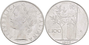 ИТАЛИЯ 100 ЛИР 1966 R, АФИНА, ДИАМЕТР 28 ММ. KM 96.1 нержавеющая сталь 4512-1224