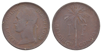 Бельгийское Конго 1 франк 1923 Надпись на голландском - 'ALBERT KONING DER BELGEN' KM 21 медно-никель 4650-436