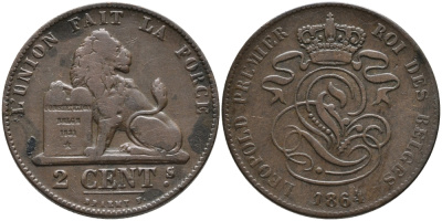 БЕЛЬГИЯ 2 САНТИМА 1864/1 BELGES KM 4.2 медь 95-712
