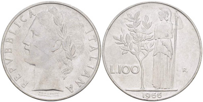 ИТАЛИЯ 100 ЛИР 1966 R, АФИНА, ДИАМЕТР 28 ММ. KM 96.1 нержавеющая сталь 4512-1224