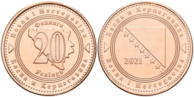 Босния и Герцеговина 20 фенигов 2021 KM 116 сталь плакированная медью UNC 4514-1223
