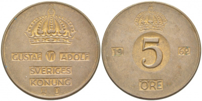 Швеция 5 эре 1962 U Густав VI Адольф (1950-1973) KM 822 бронза 77-526