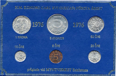 Швеция набор монетного двора из 6 монет 1976 в картоне, Карл XVI Густав (1973- ) KM MS4 UNC 7-5-7-224