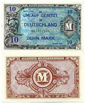 Германия 10 марок 1944 ОККУПАЦИЯ ГЕРМАНИИ СОЮЗНЫМИ ВОЙСКАМИ, ВТОРАЯ МИРОВАЯ ВОЙНА, 9 ЦИФР В номере, без F Pick 194b  бумага  UNC (пресс) 000-00-00