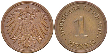ГЕРМАНИЯ 1 ПФЕННИГ 1912 E KM 10, J. 10, Weege 2 медь 211-454