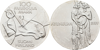 Финляндия 100 марок 1989 Центральный художественный музей Атенеум, лось KM 75 серебро UNC 1525-1331