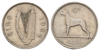 Ирландия 6 пенсов 1964 собака, ирландский волкодав KM 13a медно-никель 4682-557