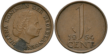 Нидерланды 1 цент 1964 Юлиана (1949-1980) KM 180 бронза 4608-1126