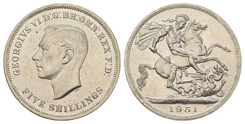 Великобритания 1 крона (5 шиллингов) 1951 Георг VI (1936-1952), фестиваль Британии, Георгий Победоносец KM 880, Spink 4111 медно-никель UNC 1066-10-44