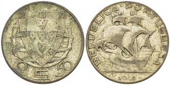 ПОРТУГАЛИЯ 2,5 ЭСКУДО 1948 ПАРУСНИК KM 580 серебро 77-754