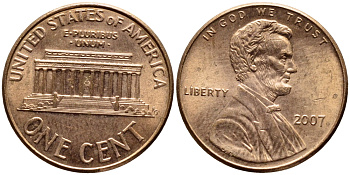 США 1 ЦЕНТ 2007 ЛИНКОЛЬН KM 201b цинк плакированный медью 4396-513