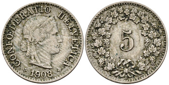 Швейцария 5 раппенов 1908 KM 26 медно-никель 4152-558