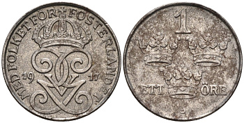 Швеция 1 эре 1917 Густав V (1907-1950) KM 789 железо 4585-323