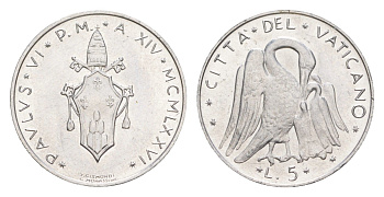 Ватикан 5 лир 1976 KM 118 алюминий UNC 4632-921