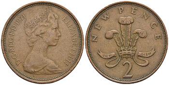 Великобритания 2 пенса 1971 Елизавета II (1952-2022) KM 916, Spink 4235 (C1) бронза 85-1112