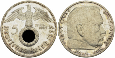 Германия 5 рейхсмарок 1937 D, монетный двор Мюнхен, Пауль фон Гинденбург J. 367, KM 94 серебро PROOF 00-000-00