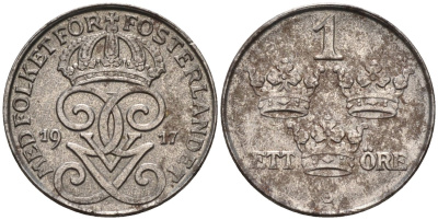 Швеция 1 эре 1917 Густав V (1907-1950) KM 789 железо 4585-323