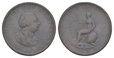 Великобритания 1/2 пенни 1799 Георг II (1727-1760) KM 647, Spink 3778 медь 4634-912