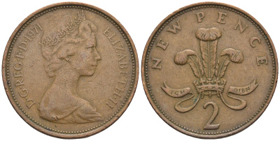 Великобритания 2 пенса 1971 Елизавета II (1952-2022) KM 916, Spink 4235 (C1) бронза 85-1112