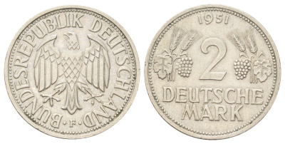 ФРГ 2 марки 1951 J, год-тип KM 111, J. 386 медно-никель 1521-1641