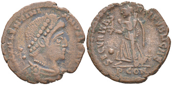 Римская Империя центенионалий 367 - 375 Валентиниан I, бюст императора, DN VALENTINIANVS PF AVG / Виктория, SECVRITAS REIPVBLICAE, Арелат (Константина) (из немецкой коллекции 1-й половины XX века, с владельческим конвертом) RIC 17 (a) бронза 1073-14-93