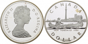 Канада 1 доллар 1984 150 лет Торонто, каноэ KM 140 серебро PROOF 1099-2-35