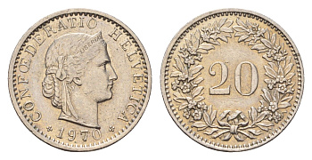 Швейцария 20 раппенов 1970 B KM 29a медно-никель 187-522