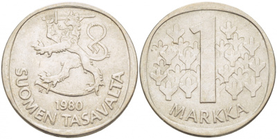 ФИНЛЯНДИЯ 1 МАРКА 1980 K KM 49а медно-никель UNC 3718-827