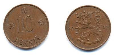 Финляндия 10 пенни 1929 республика (1918-1962) KM 24 медь 46-1652