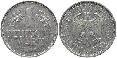 ФРГ 1 МАРКА 1974 G KM 110, J. 385 медно-никель 113-212