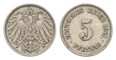 Германия 5 пфеннигов 1911 F, Вильгельм II (1888-1918) KM 11, J. 12 медно-никель 4636-231