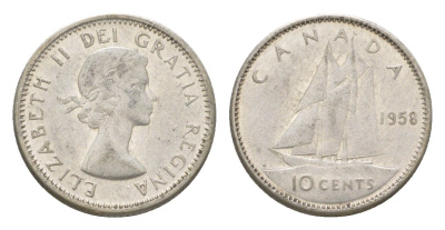 Канада 10 центов 1958 Елизавета II (1952-2022), парусник KM 51 серебро 4623-913