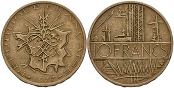 Франция 10 франков 1977 тип Матье KM 940, Le Franc 365.9-10 никель латунь 4159-714