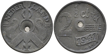 Нидерланды 2 1/2 цента 1941 Вильгельмина (1890-1948), с отверстием KM 171 цинк 4573-712