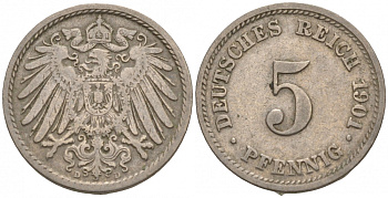 ГЕРМАНИЯ 5 ПФЕННИГОВ 1901 D, KM 11, J. 12 медно-никель 73-1516