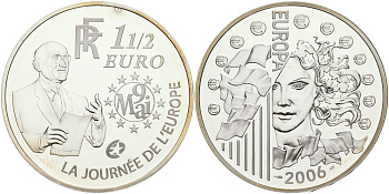 Франция 1 1/2 евро 2006 Декларация Шумана, день Европы 9 мая 1950 года, в оригинальной коробке, с сертификатом серебро PROOF 7-5-4-06