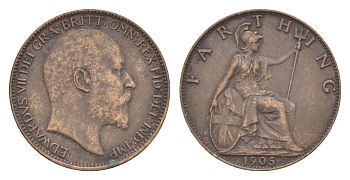 Великобритания 1 фартинг 1905 Эдуард VII (1901-1910) KM 792, Spink 3992 бронза 4630-216