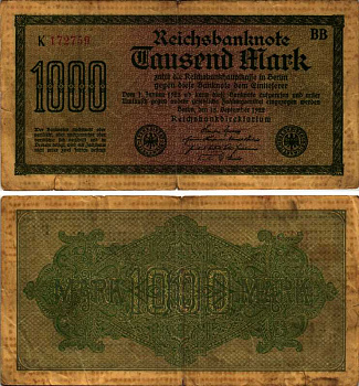 ГЕРМАНИЯ 1000 МАРОК 1922 15 СЕНТЯБРЯ 1922, ВОДЯНОЙ ЗНАК I, ЖЕЛТАЯ БУМАГА, СЕРИЯ ВВ Pick 76b, Rosenberg 75d бумага 7219-4-1