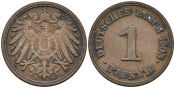 Германия 1 пфенниг 1908 D KM 10, J. 10 медь 4567-1268