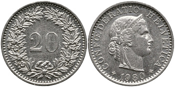 Швейцария 20 раппенов 1980 KM 29а медно-никель 4539-627