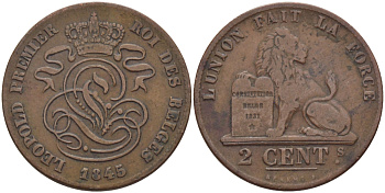 БЕЛЬГИЯ 2 САНТИМА 1845 BELGES KM 4.2 медь 28-227