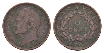 Саравак 1/2 цента 1863 год-тип KM 2 медь 1518-1745