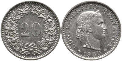Швейцария 20 раппенов 1980 KM 29а медно-никель 4539-627