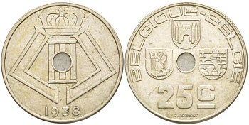 БЕЛЬГИЯ 25 САНТИМОВ 1938 BELGIQUE-BELGIE, МОНЕТНАЯ РОТАЦИЯ KM 114.1 никель латунь 4546-155