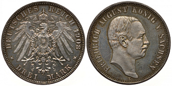 Саксония 3 марки 1908 Е, Фридрих Август III (1904-1918) Weege 132, J. 135, KM 1267 серебро PROOF 00-812-56
