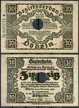 Германия, Дёбельн 20 марок 1918 нотгельд, 8.11.1918, цифры черные, крупные Geiger 105.02  бумага   444-127-2-2