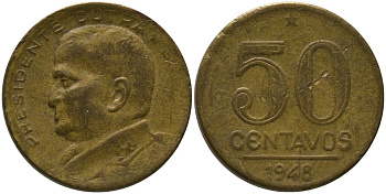 Бразилия 50 сентаво 1948 Эурику Дутра KM 563, Schon 68 алюминиевая бронза 4575-1122
